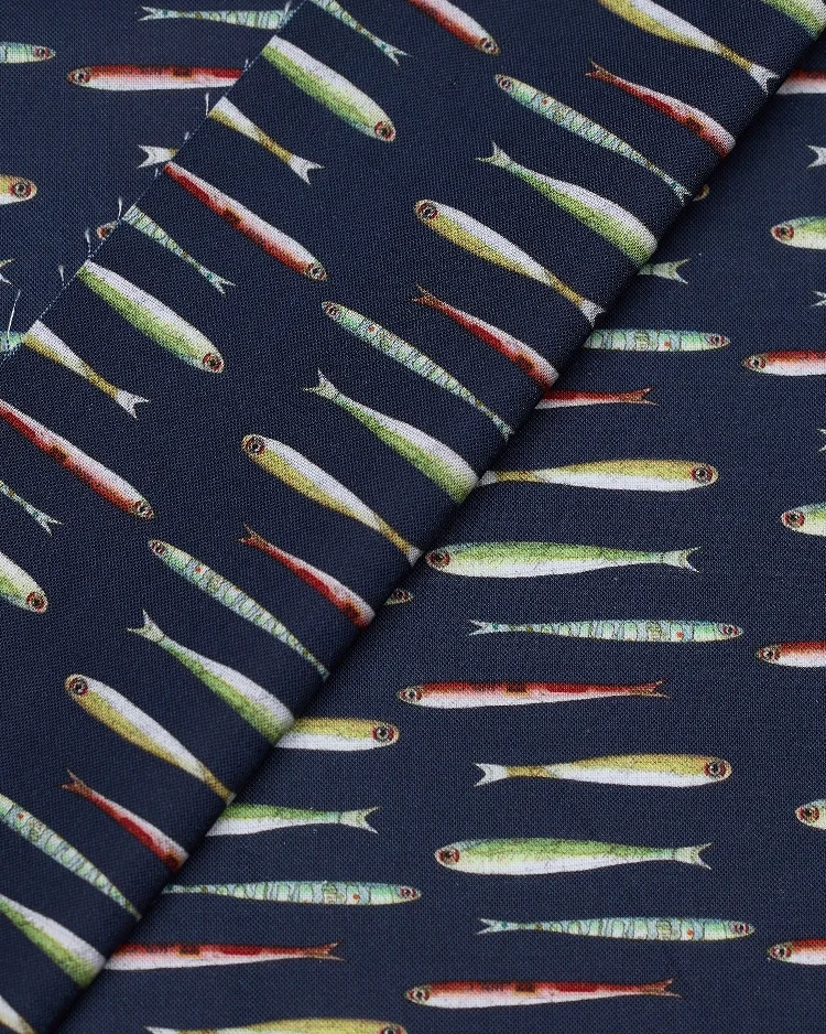 Fabrics - Cotton - Lines Of Fishes on Dark Blue - N65 - Overlay