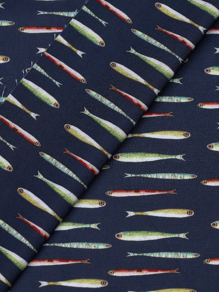 Fabrics - Cotton - Lines Of Fishes on Dark Blue - N65 - Overlay