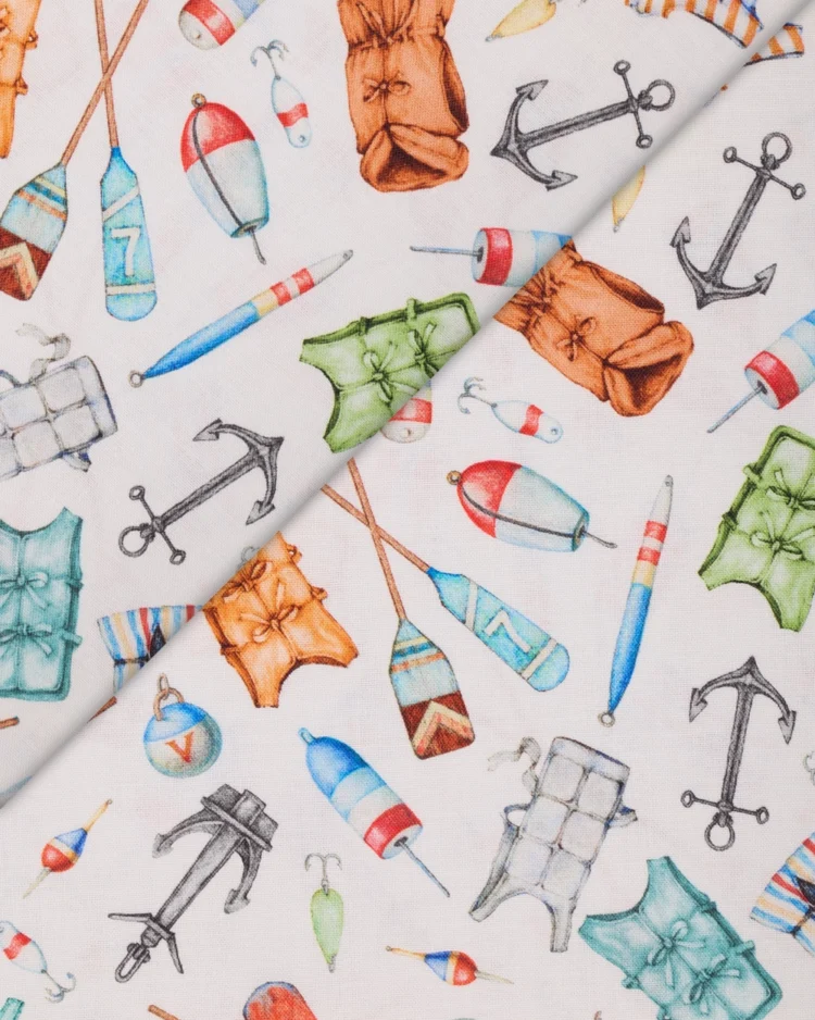 Alternative view of Nautical-Themed Icons Scattered on White Cotton Fabric