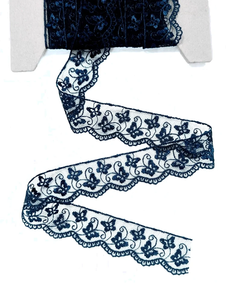 Haberdashery - Trims - Embroidered Lace Tulle - Butterfly Navy Blue - 35mm
