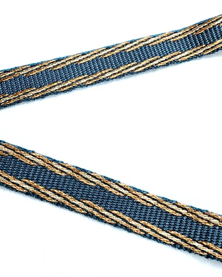 Haberdashery - Trims - Embroidered Jacquard Braid Trim - Blue & Gold - 15mm Close Up