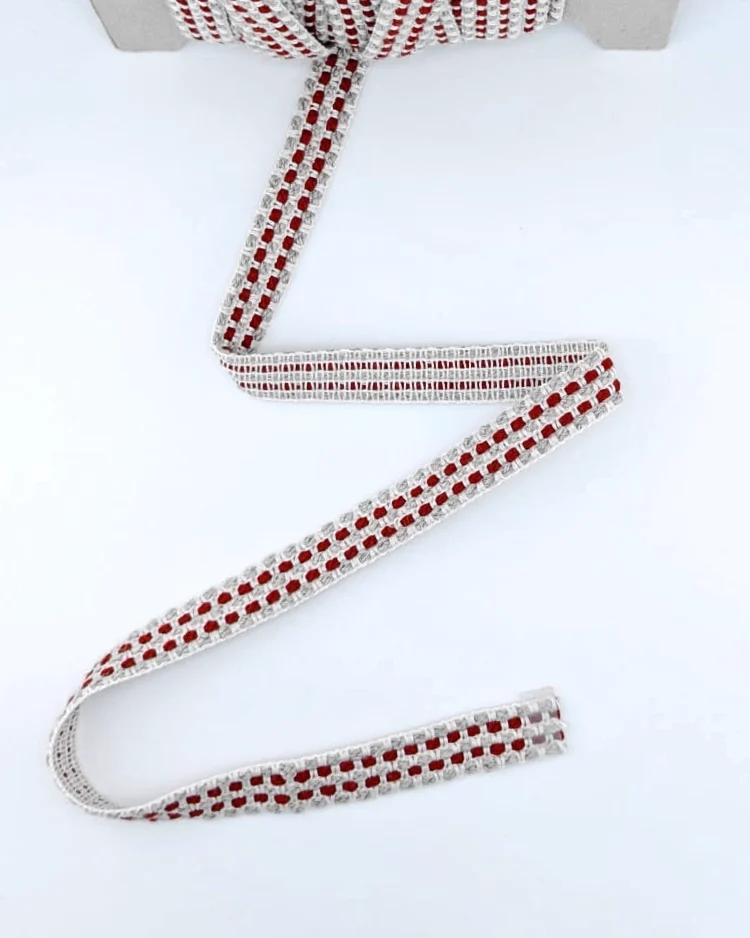 Haberdashery - Trims - Woven 5-Cord Corded Trim - Red & Grey - 37mm