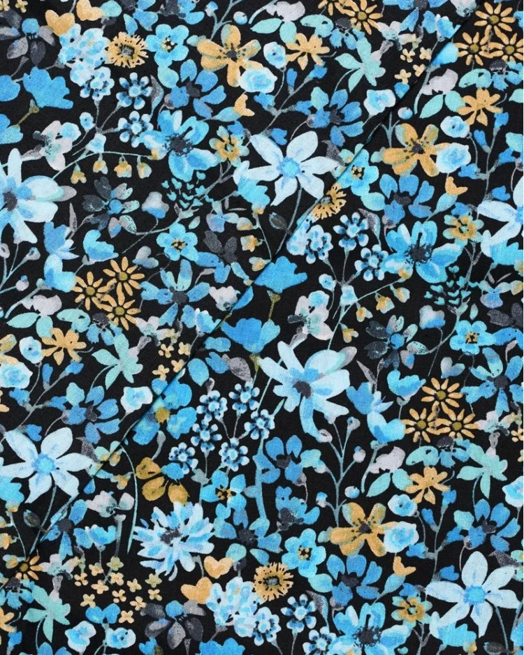 Fabrics - Cotton - Blue Floral Blossoms on Black - SC8225-2 - Overlay