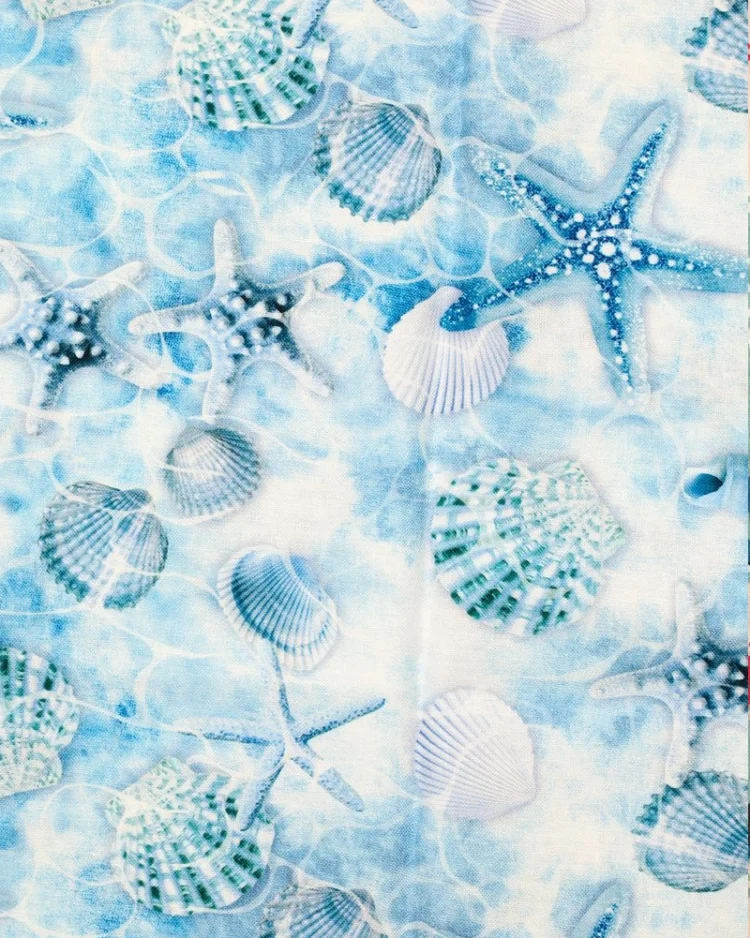 Fabrics - Cotton - Starfish and Shells on White - CD3971