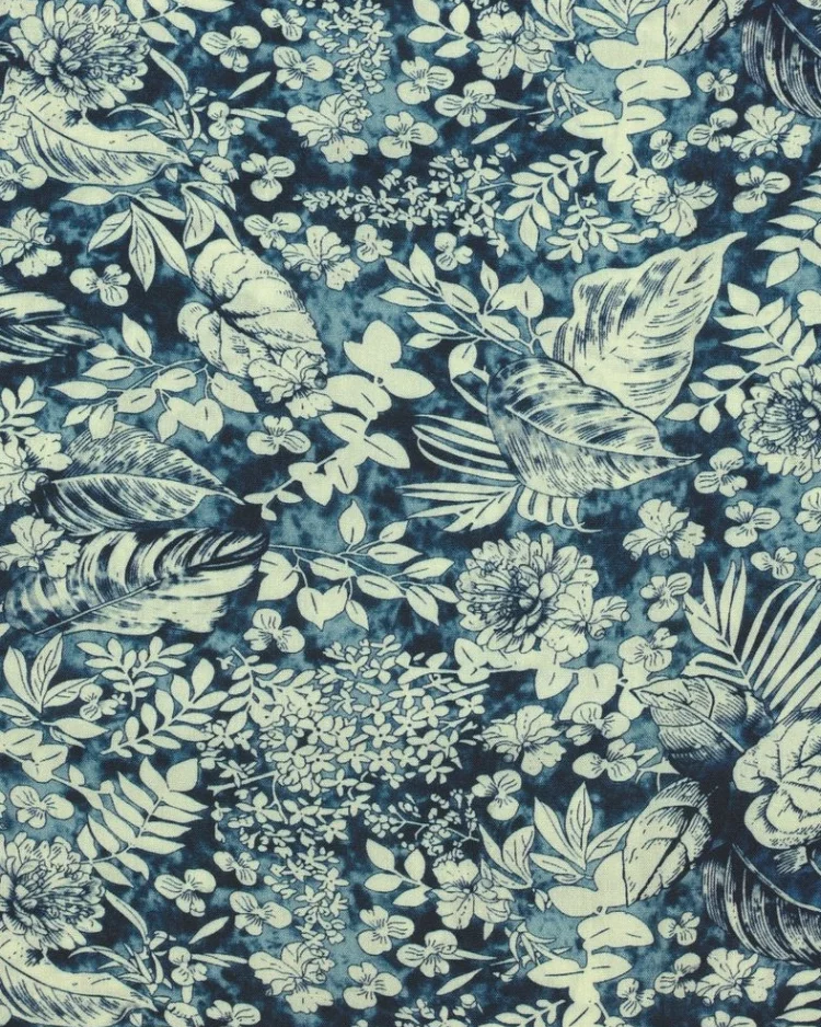 Fabrics - Viscose Challis - Flower and Leaf on Blue - WC038