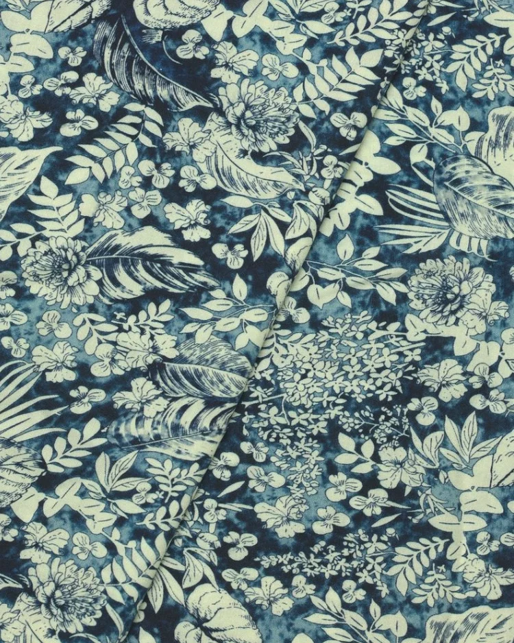 Fabrics - Viscose Challis - Flower and Leaf on Blue - WC038 - Overlay