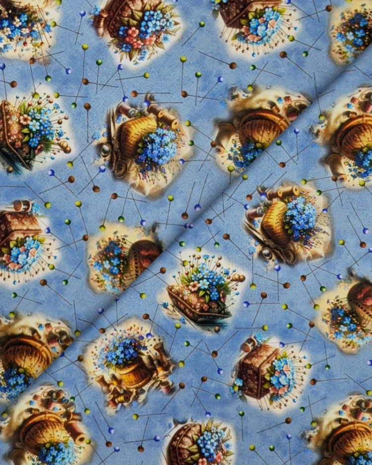 Fabrics - Cotton - Blank Quilting - Forget Me Not Pin Cushions on Slate - BL4284-70 - Overlay