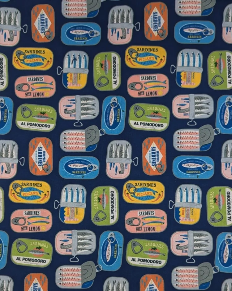 Fabrics - Cotton - Dear Stella Design - Partners in Brine - Tinned Fish on Blue - STELLA-D3420 Iris