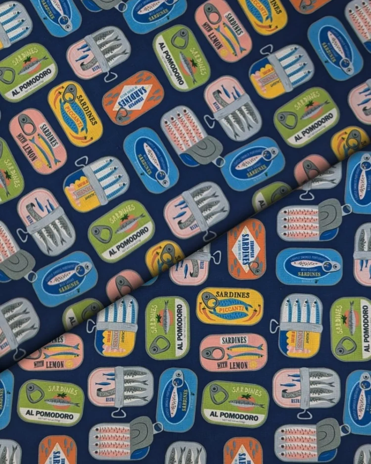Fabrics - Cotton - Dear Stella Design - Partners in Brine - Tinned Fish on Blue - STELLA-D3420 Iris - Overlay
