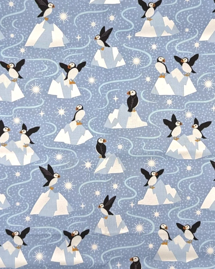 Fabrics - Cotton - Lewis & Irene - Where The Sky Dances - Puffins on Blue Grey - L65B