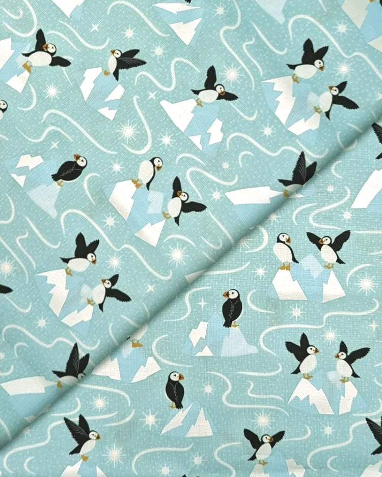 Fabrics - Cotton - Lewis & Irene - Where The Sky Dances - Puffins on Icy Blue - L65A - Overlay
