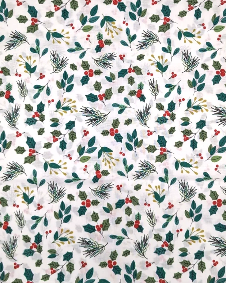 Fabrics - Cotton - Christmas Holly & Berries on White - BSB-CHB01
