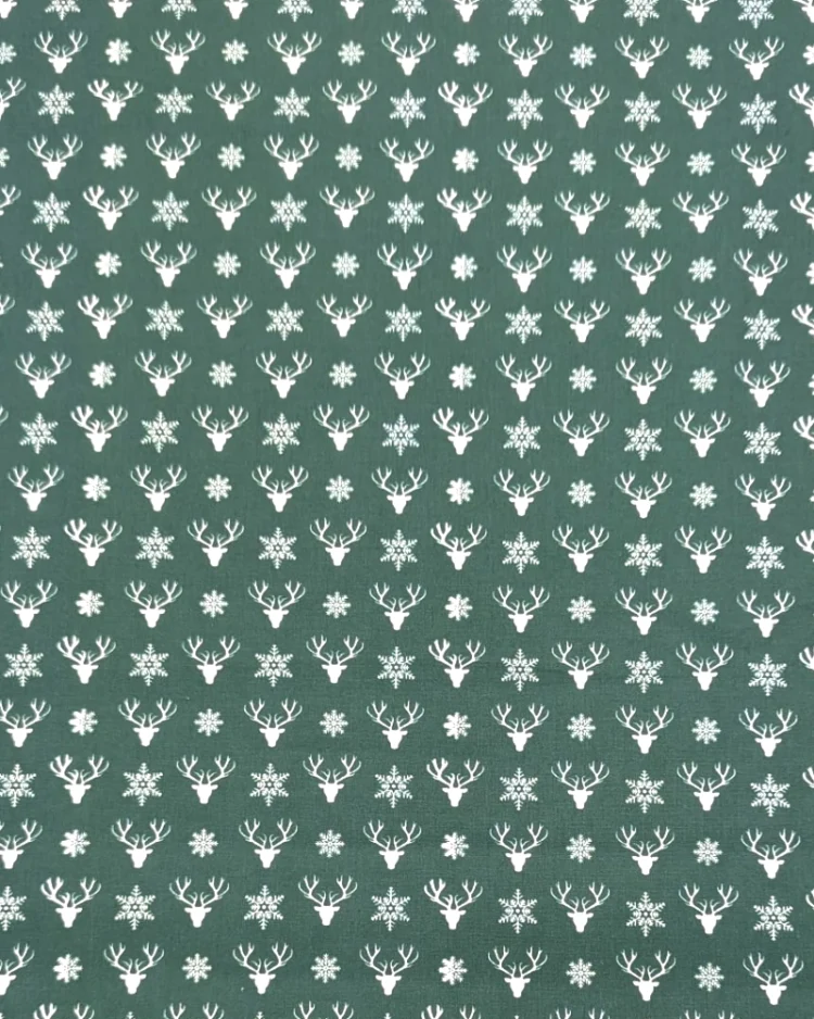Fabrics - Cotton - Christmas Print - Reindeer Heads and Snowflakes on Green - Sew Cool